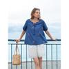 INMAN Women's Embroidered Floral Raglan Sleeve Tassel Tie Shirt