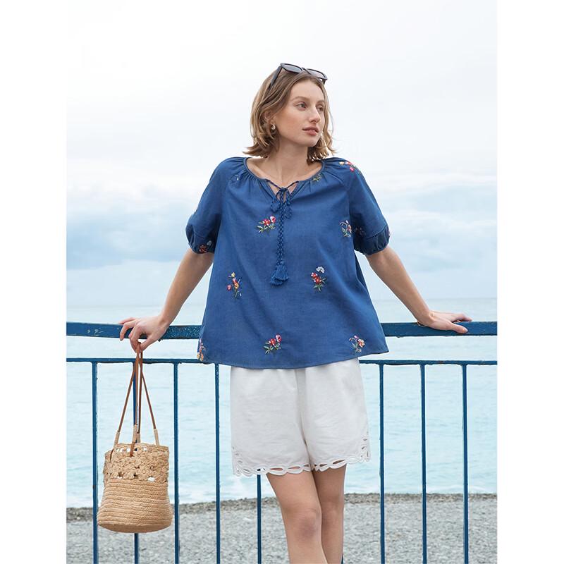 INMAN Women's Embroidered Floral Raglan Sleeve Tassel Tie Shirt