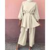 Women's Puff Sleeve Belted Blouse Wide Leg Pants Set Solid Color Casual Two Piece Outfit Islamic Modest Suit