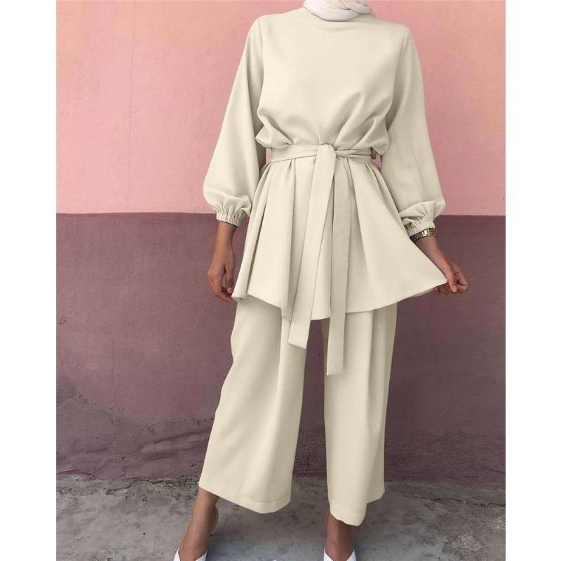 Women's Puff Sleeve Belted Blouse Wide Leg Pants Set Solid Color Casual Two Piece Outfit Islamic Modest Suit