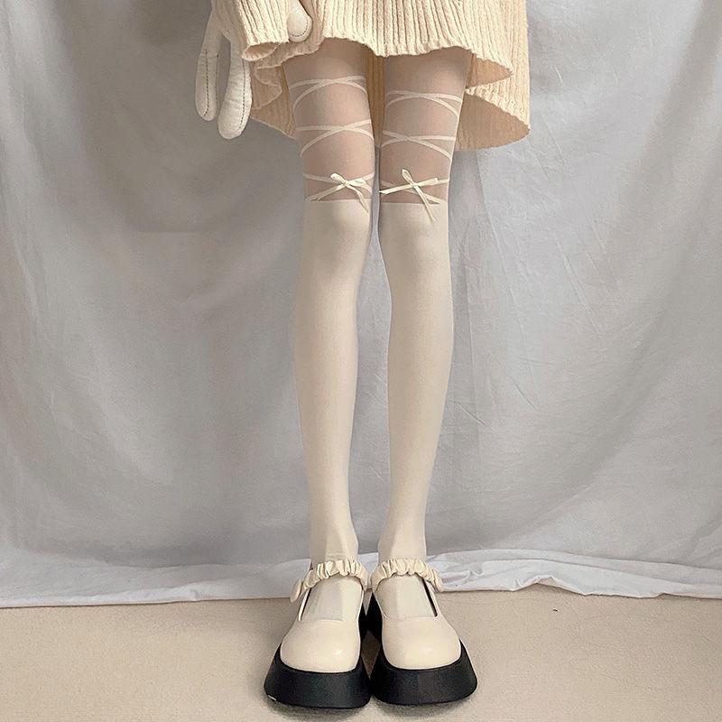 

Lace Lolita Jacquard Girl Tights Black White Color Bow Band Legging Stocking Sock Fashion Summer Nylon Thin Breathable Pantyhose one size(40-70kg) бежевый