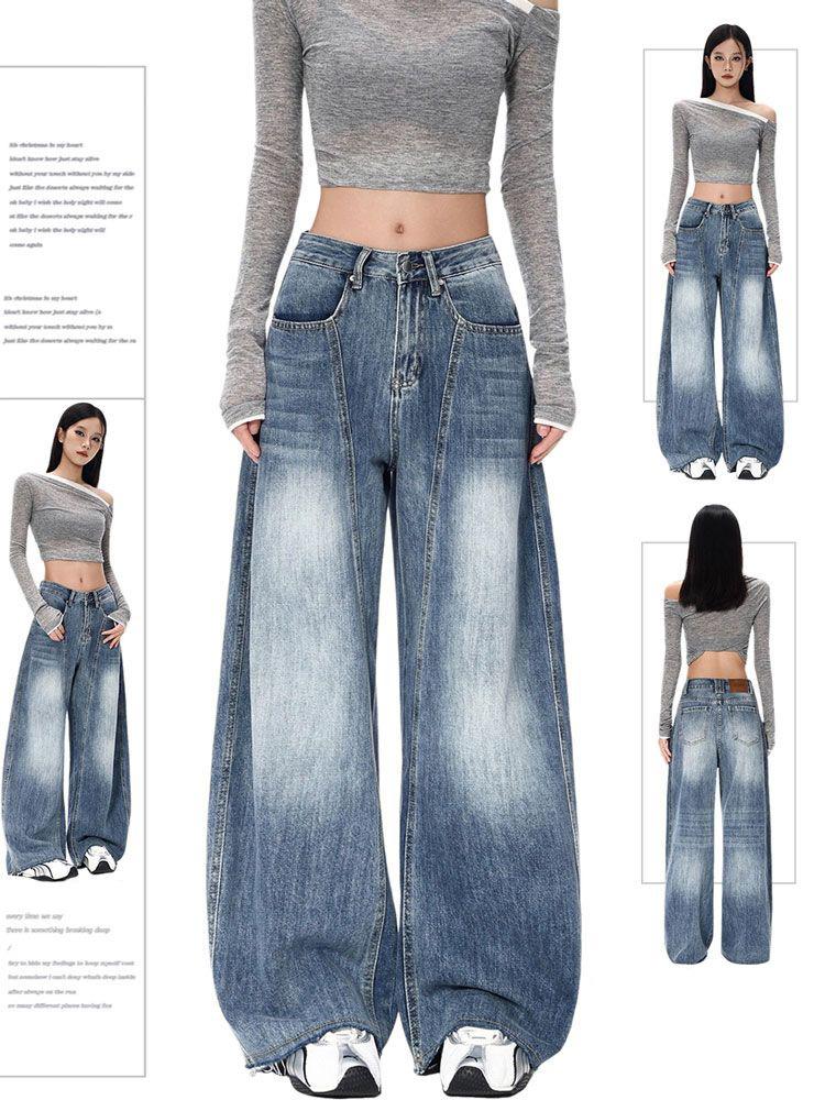 American wide-leg jeans women's autumn and summer new Spice Girl sickle rough edge large size high waist drape loose scimitar pants