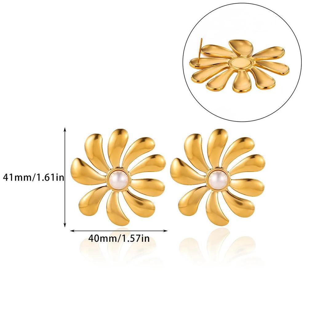 18K Gold-Plated Pearl Flower Stud Earrings - Retro French Style