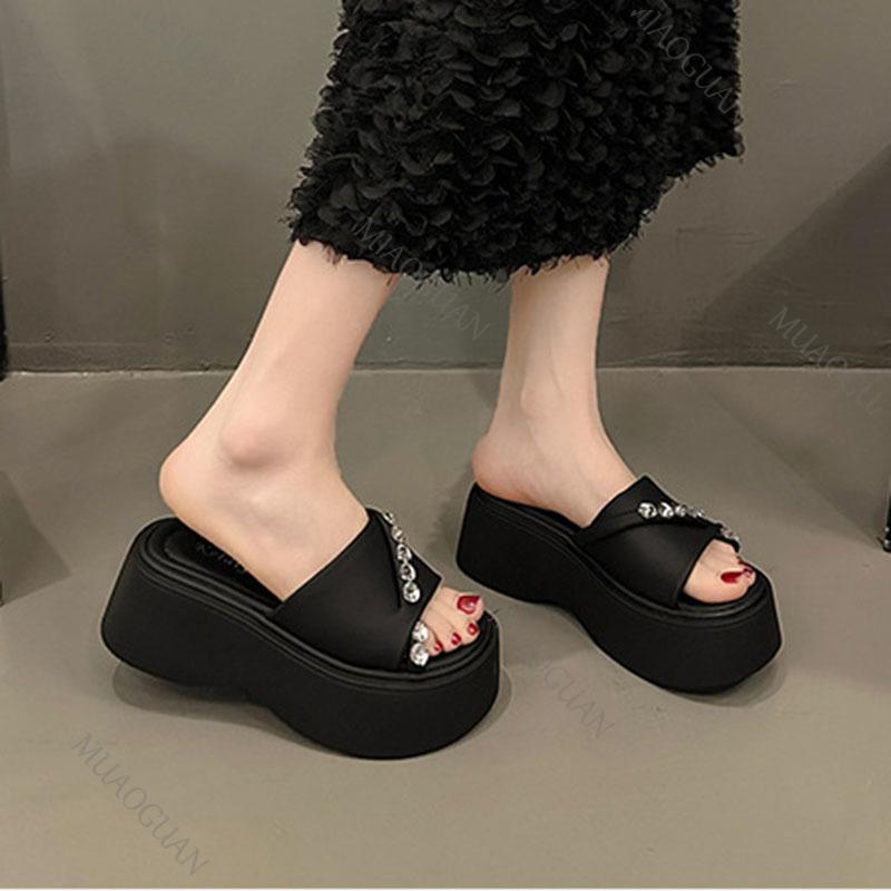Mode Damen Strass Plateau Pantoletten Sommer Mode Zehenfrei Hoher Absatz Outdoor Damen Flip-Flops Höhenerhöhung Strandsandalen