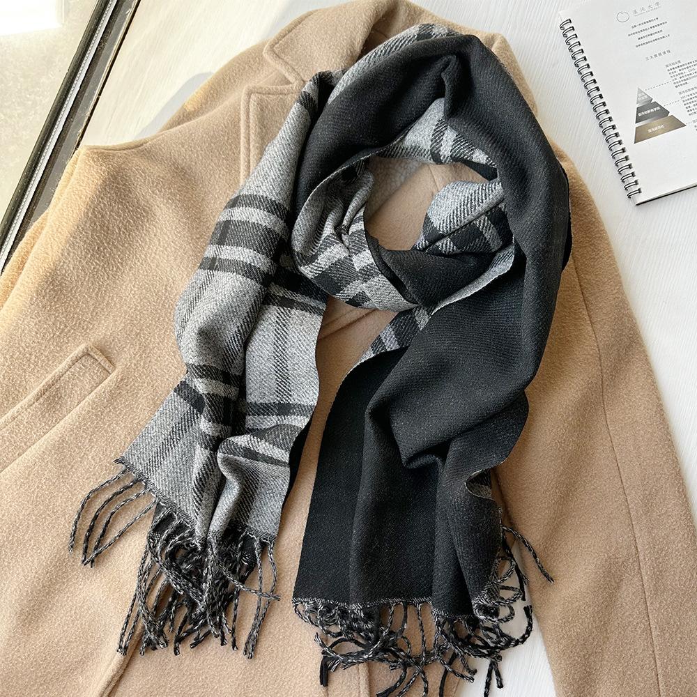 Double-sided Imitation Cashmere Tassel Autumn and Winter Scarf High End and Versatile Mid Length Plaid Couple Scarf for Men