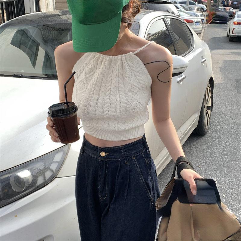 

Сексуальный укороченный топ с лямкой на шее, женские вязаные майки, майки без рукавов, футболка с открытыми плечами, винтажная одежда Y2k, новая мода XL белый