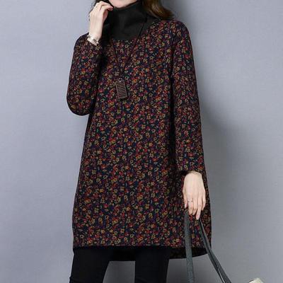 Otoño Invierno cuello alto Vintage impreso camiseta gruesa ropa de mujer moda manga larga suelta Midi Tops jerseys Mujer