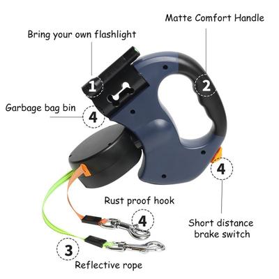 Yousheng Dvojité zatahovací vodítko pro psy Heavy Duty Dvouhlavé vodítko pro psy s 360stupňovým otočným kloubem a LED světlem pro malé, střední a velké psy