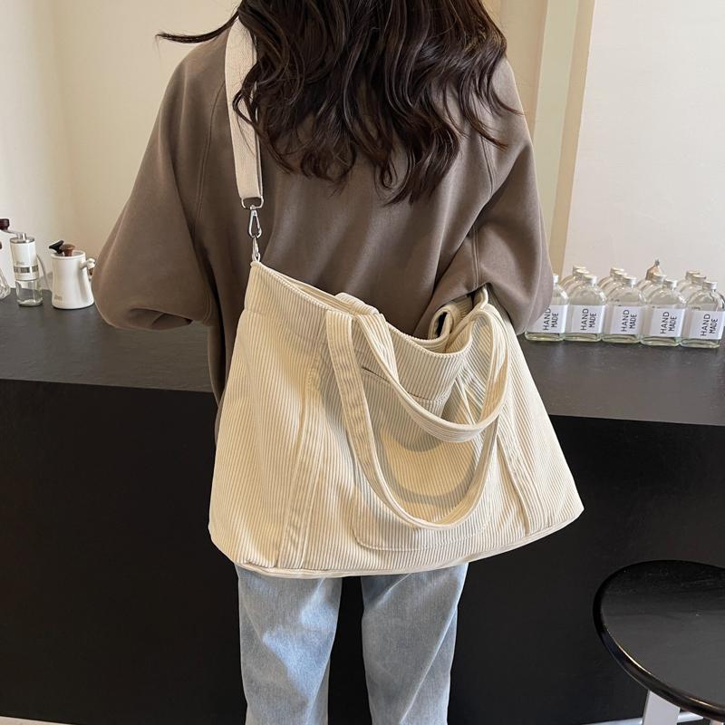 Solid Color Corduroy Bag Women's Large Capacity Shoulder Crossbody Bag Commuter Tote Bag