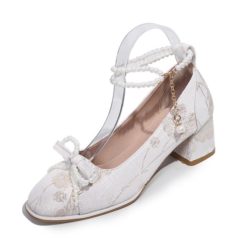 High heels women's new 2024 new Chinese bow pearl chain square head light mouth thick heel versatile Mary Jane shoes