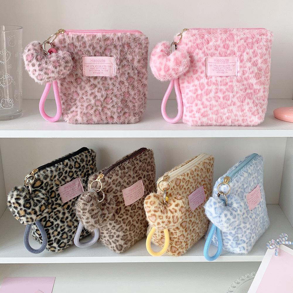 Neue Vintage Plüsch Leopardenmuster Kosmetiktasche für Mädchen Tragbarer Hautpflege-Organizer Studenten Kleine Kulturtasche Damen Clutch Geldbörse