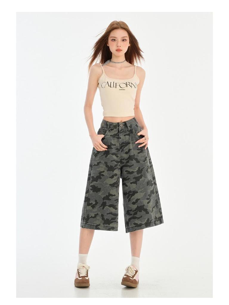 Women's Wide Leg Camouflage Jeans - Summer 2025 Seven-Point Slimming Pants