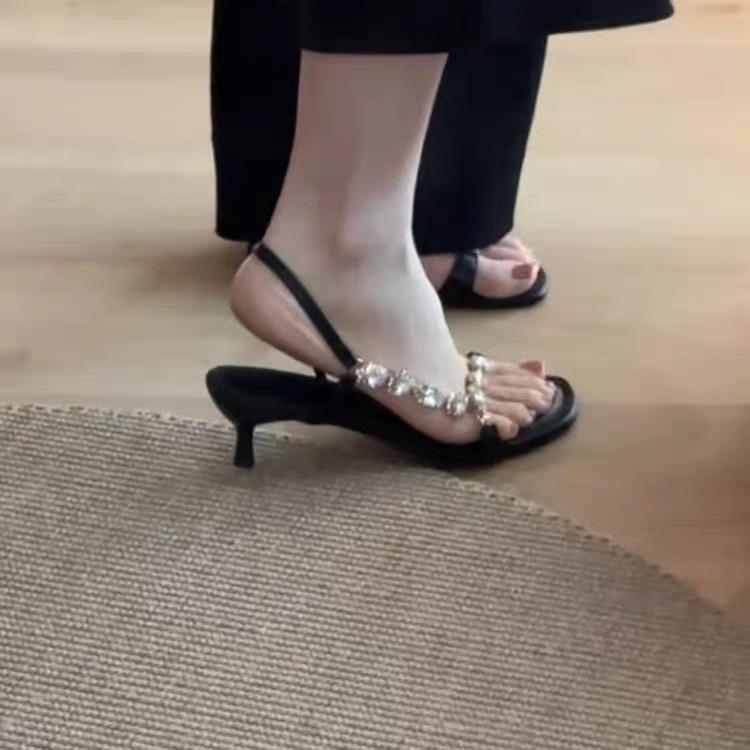 2025 Summer New Chain Square Head Rhinestone High-heeled Sandals Female French Beautiful Fairy Temperament Stiletto High Heels