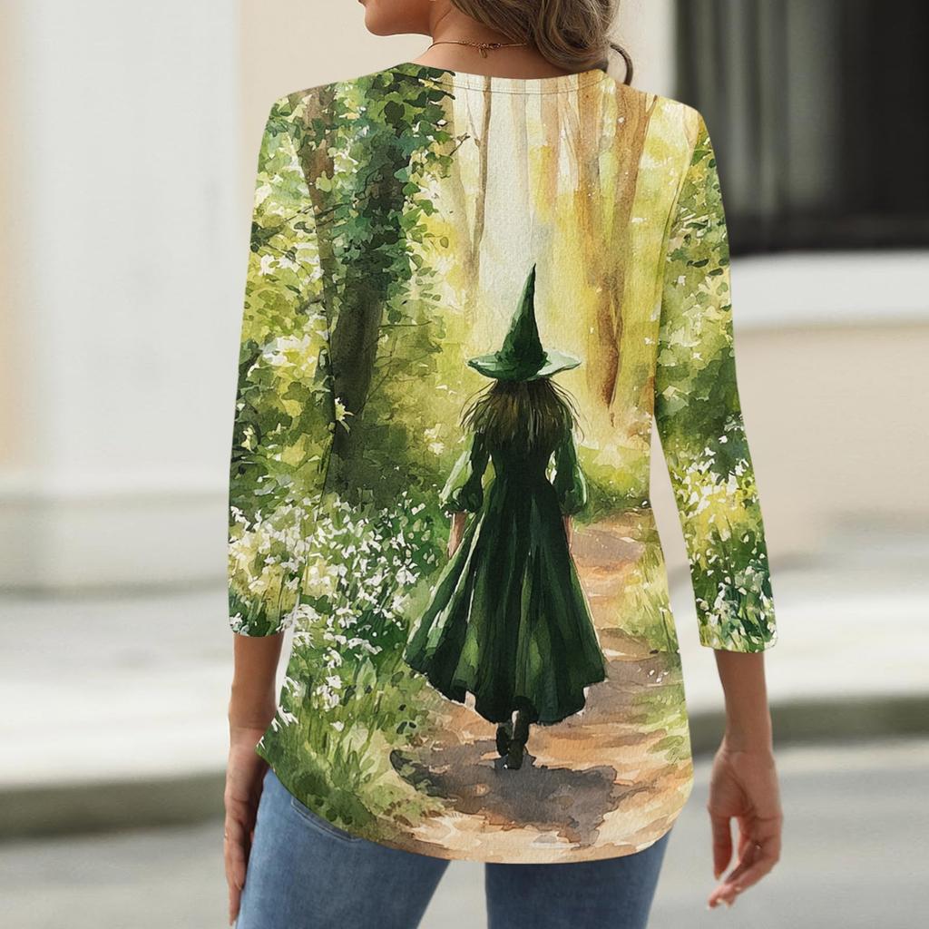 Women's Casual Halloween Print Neck 3/4 Sleeve T-Shirt Top