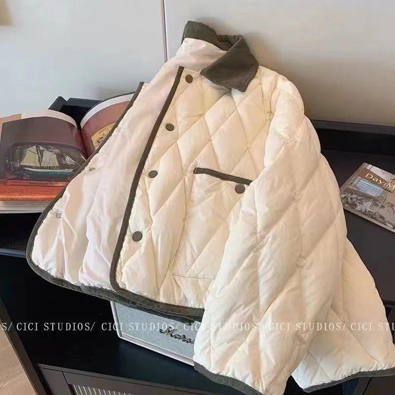 2023 Korean Color Block Diamond Pattern Short Cotton Padded Winter Jacket with Turn-Down Collar