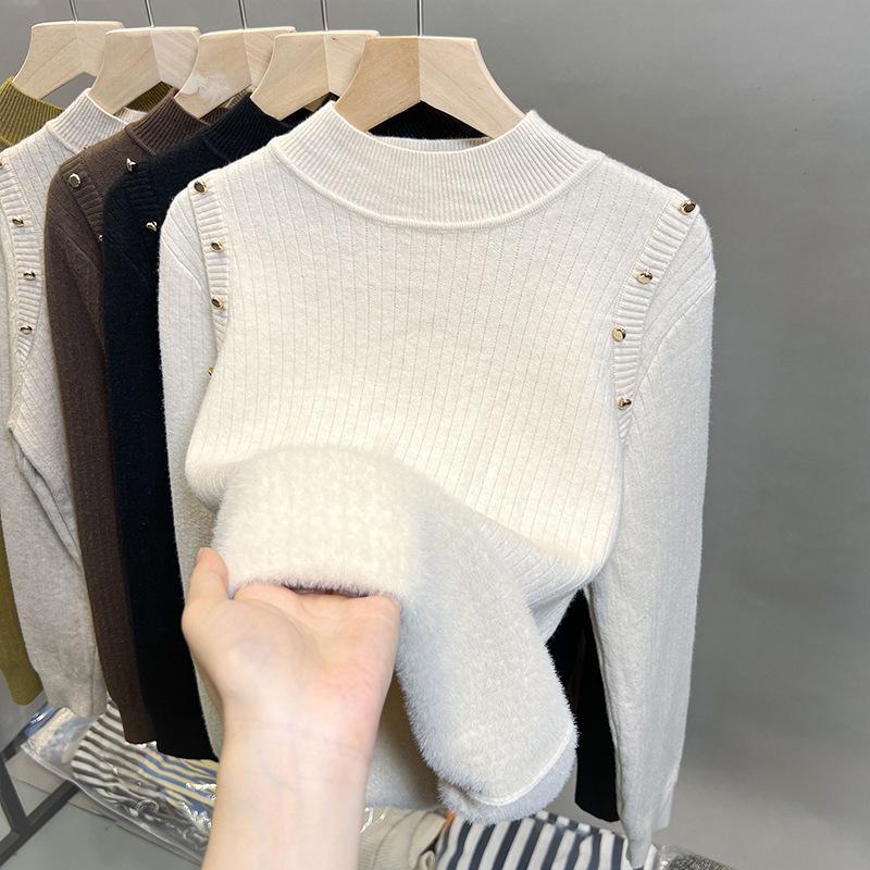 

Осень Зима Половина Высокого Воротника Шикарные Пуговицы Бархатный Низ Свитер Женский Повседневный Модный Однотонный Вязаный Топ onesize белый