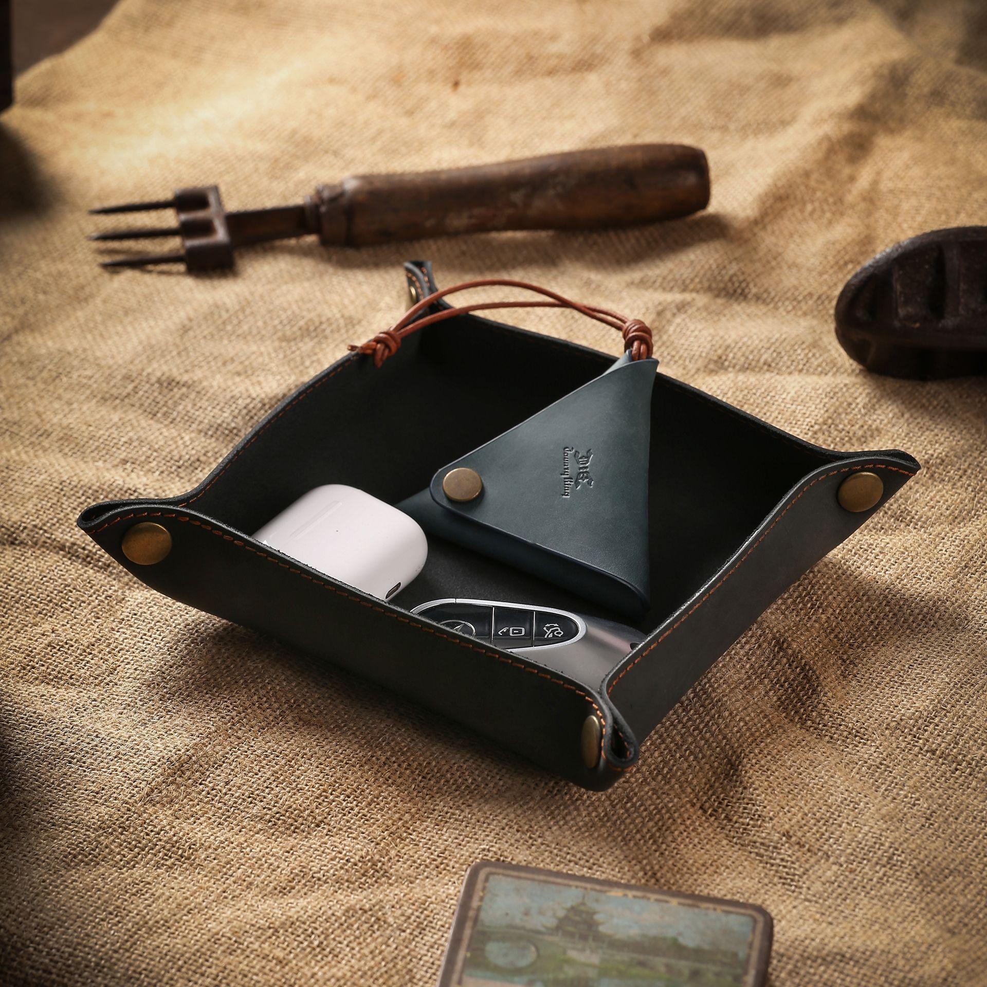 First Layer Cowhide Entrance Table Coffee Table Key Sundries Storage Box Jewelry Finishing Tray Handmade Mad Horse Leather Tray