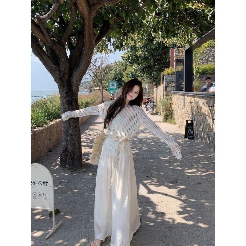 Kumikumi Fashion Set Loose Hollow Out Long Sleeve Knit Women Autumn High Waist Slimming Skirt Two-piece Set