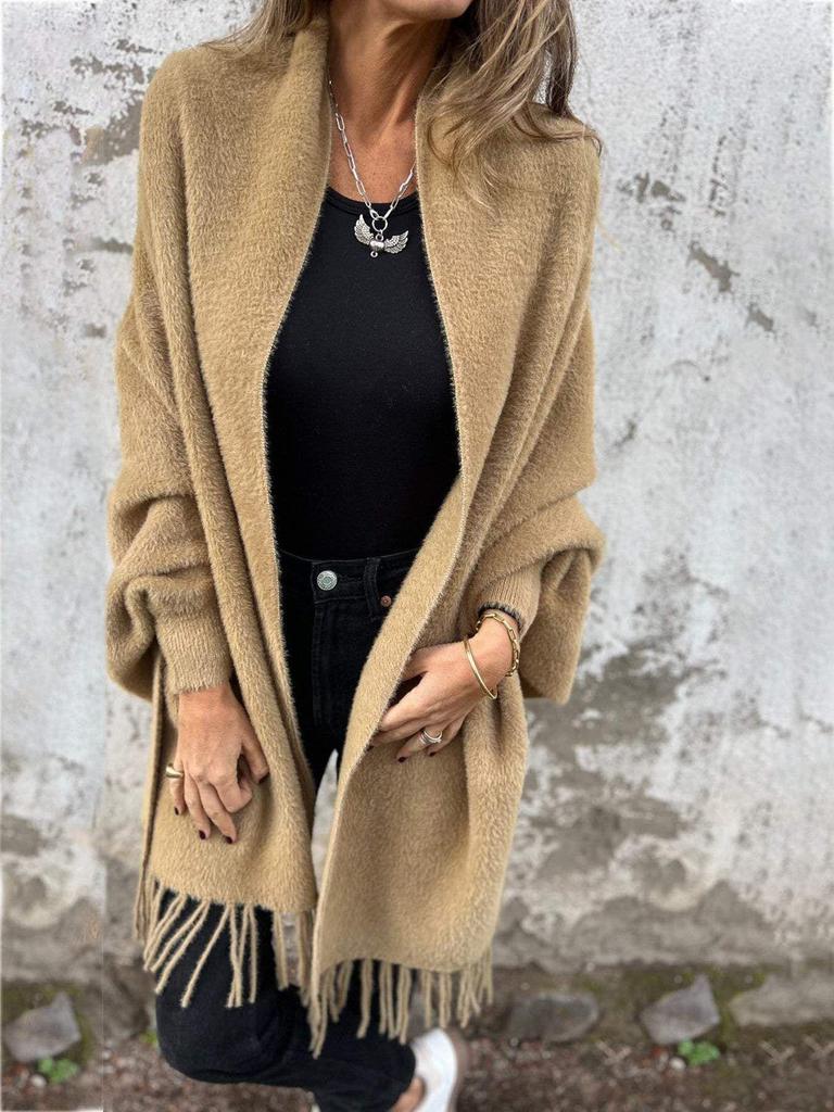 2026 Women's Casual Knit Plush Tassel Shawl Coat