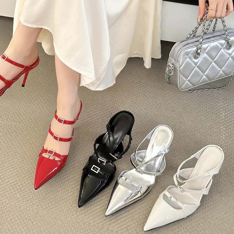 Mode Eilyken Sexy Lackleder Damen Hausschuhe Pumps Sandalen Designer Schmaler Riemen Dünner Absatz Spitzschuh Slingback Mules Schuhe