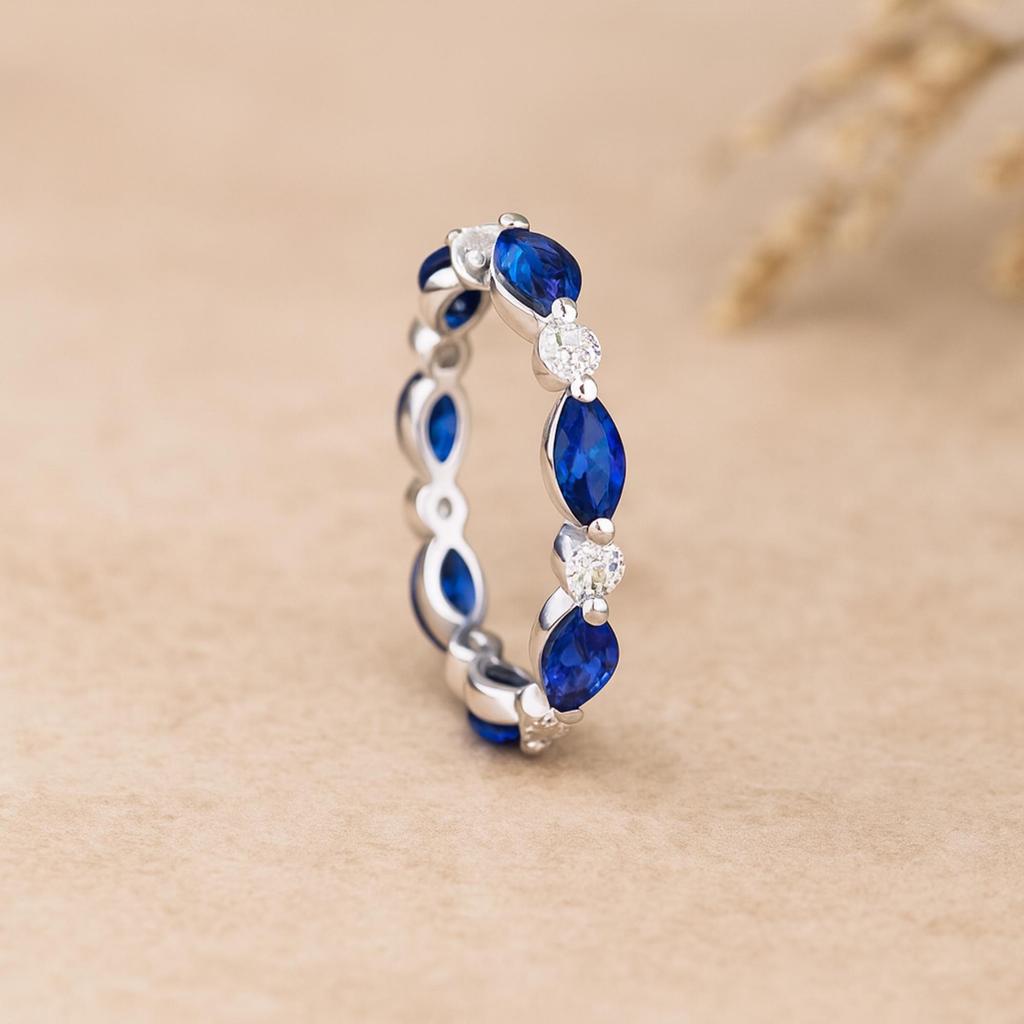 Sapphire & Cubic Zirconia Eternity Band for Women | Full Marquise Cut Wedding Ring | 925 Sterling Silver Anniversary, Engagement, Promise Gift