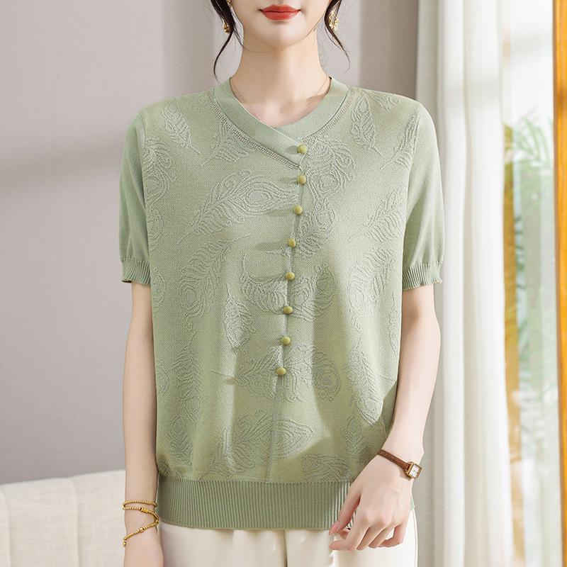 

Mother s Day Summer Fashion Short-Sleeve Ice Silk T-Shirt for Middle-Aged Women XL (suggested for 90-110 jin) зелёный