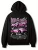 Men Hip Hop Sports Hoodie, Back Pink Sports Car Letter Lightning Print, Drawstring Pullover Hooded Sweatshirt For Daily Casual Wear