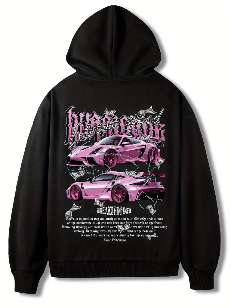 Men Hip Hop Sports Hoodie, Back Pink Sports Car Letter Lightning Print, Drawstring Pullover Hooded Sweatshirt For Daily Casual Wear