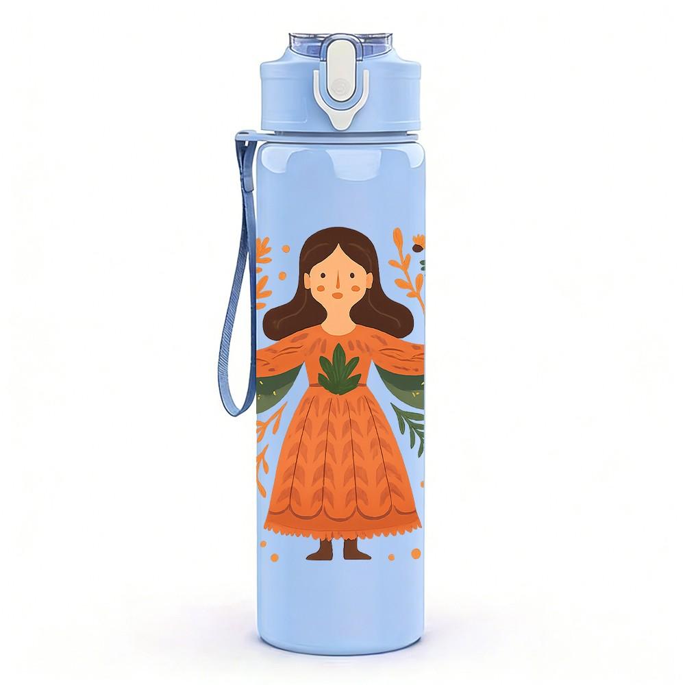 1PC Floral Angel Girl Art 750ml Color Plastic Sports Water Bottle Leakproof Flip Straw Lid Suitable for Sports Office Home Use
