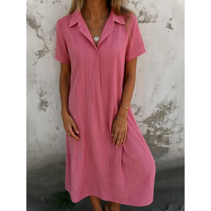 DAFIFY Women's Fashion Summer Spring Solid Color Print Short Sleeve POLO Neck Loose Waistline Casual Dresses