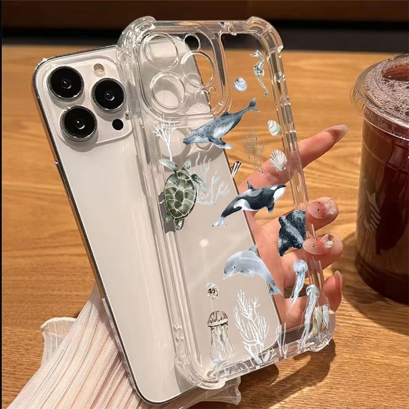 

Black And White Whale Dolphin Sea Turtle Jellyfish Phone Case For iPhone 17 17E 16 15 14 13 12 11 Pro Max XS X XR 16 Plus Cover iPhone Air