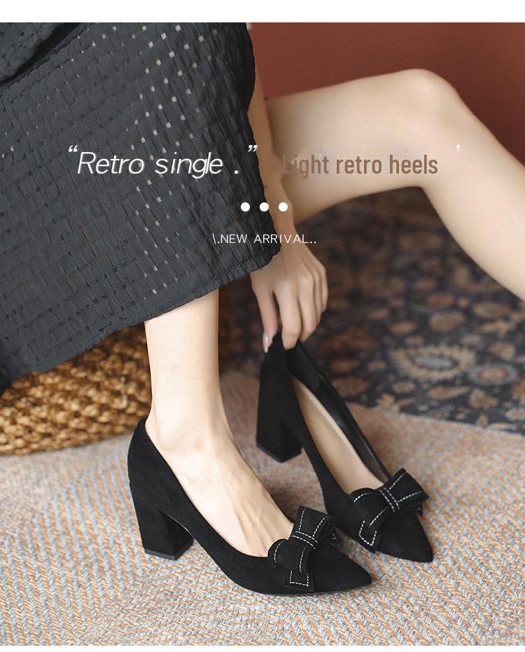 Women's French-Style Suede High Heels: Spring/Autumn 2024, Black, All-Match, Thick Heel, Shallow Mouth