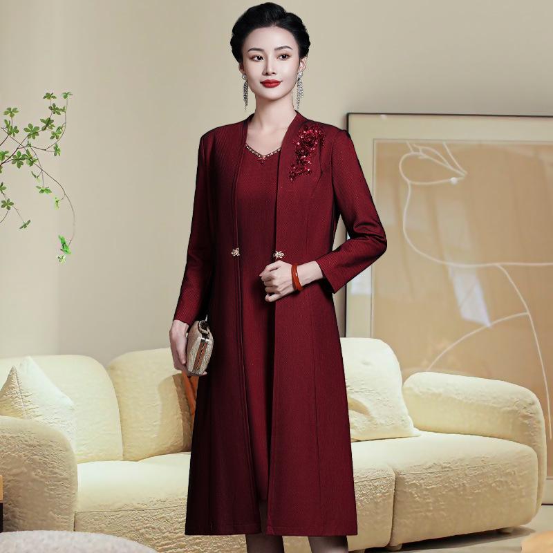 2022 Autumn/Winter Wine Red Women's Plus-Size Fleece Two-Piece Set for Middle-Aged & Elderly (Long Sleeve Jacket)