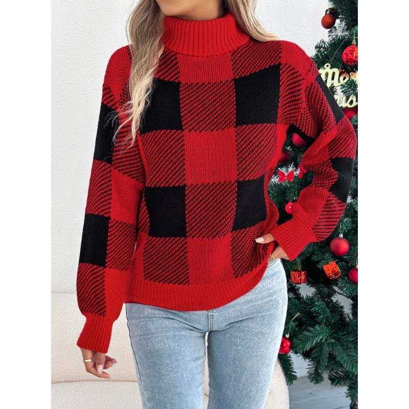 Women European Style Contrast Color Plaid High Neck Long Lantern Sleeve Pullover Sweater