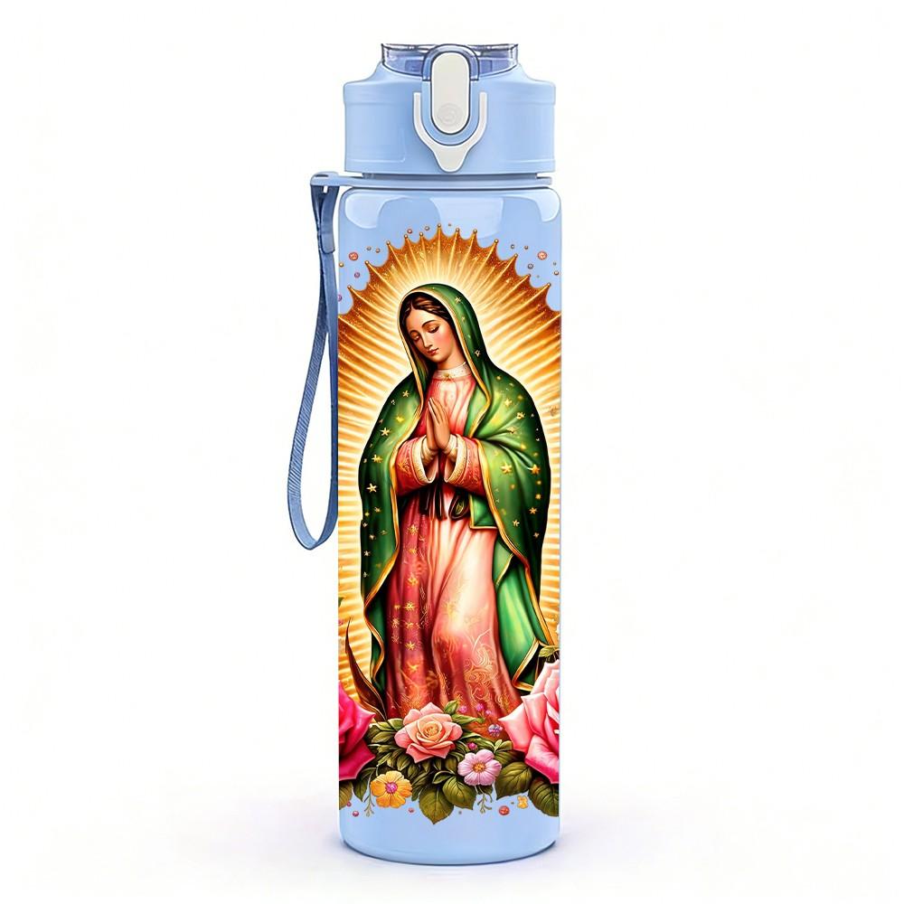 1PC Virgin Mary Guadalupe Religious Art 750ml Color Plastic Sports Water Bottle Leakproof Flip Straw Lid Suitable for Sports Office Home Use