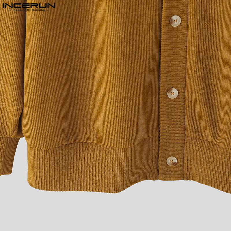 INCERUN Men V Neck Long Sleeve Buttons Up Rib Knit Oversized Cardigan Tops
