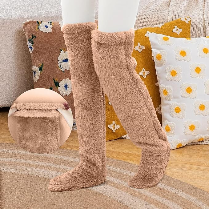 Socken über dem Knie, flauschige Plüsch-Slipper-Strümpfe, pelzige lange Beinwärmer, Winterschlafen zu Hause