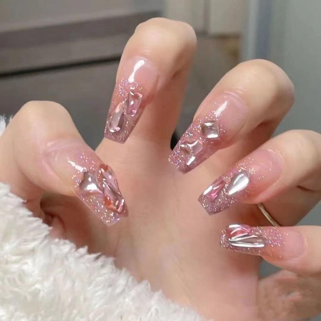 10pcs/set Hand-made Wearable Nails Flashing Aurora Pink Diamonds Manicure False Nails Removable Finished Product Phototherapy Nails