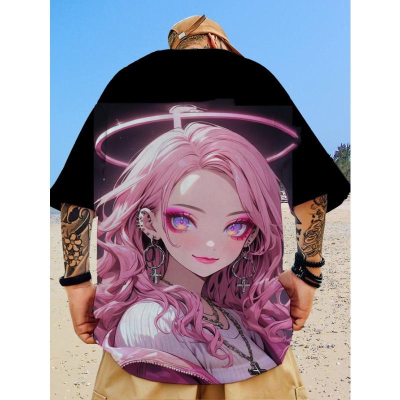 Nova camiseta casual masculina com estampa de beleza bidimensional impressa em 3D, manga curta, moda de rua, estampa de anime, top de gola redonda
