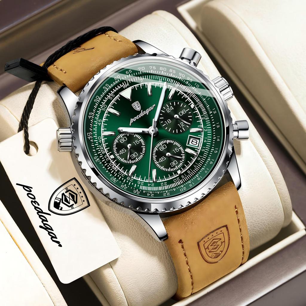 POEDAGAR Business Herren Armbanduhr Wasserdicht Leuchtend Datum Chronograph Sport Mann Uhr Leder Quarz Mode Herrenuhren Reloj