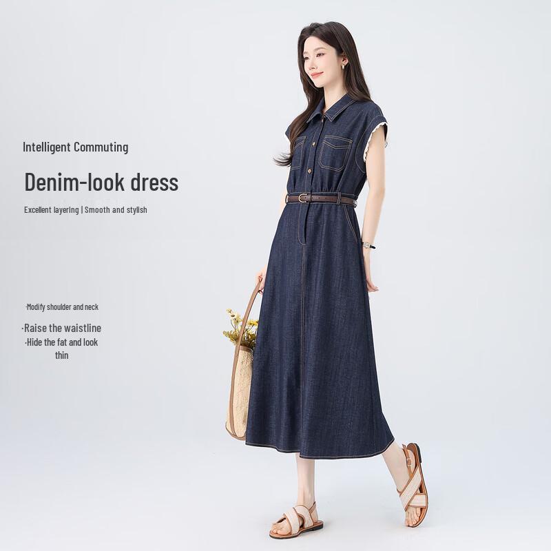 Handu Yishe Women s Soft Drape Faux Denim Midi Dress L