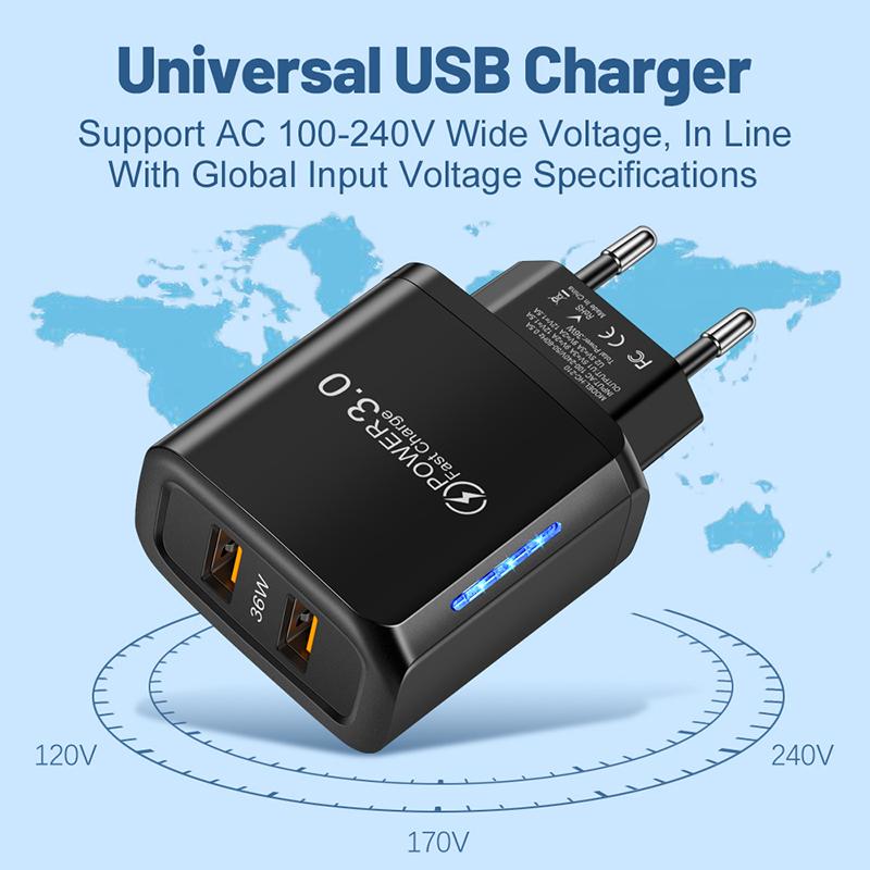 Încărcător de perete USB dual 5V3A Iluminare LED Încărcare rapidă Conexiune UE SUA Adaptor de alimentare QC 3.0 pentru Iphone 11 12 13 Pro Max Samsung Xiaomi