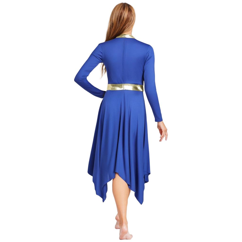 Womens Worship Dance Dress Metallic Patchwork Long Sleeve Irregular Hem Tunic Lyrical Performance Gown