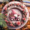 Love You Pink Gnome Rose Wreath Round Wooden Hanging Sign, 2D Flat Printed Valentine Wall Door Ornament, Romantic Home Decor Gift