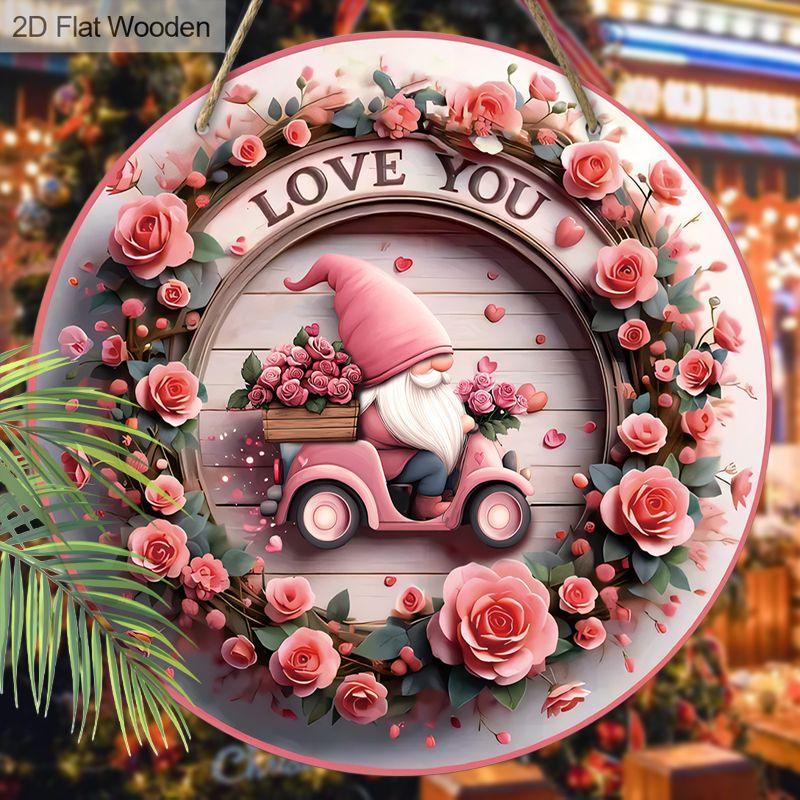 Love You Pink Gnome Rose Wreath Round Wooden Hanging Sign, 2D Flat Printed Valentine Wall Door Ornament, Romantic Home Decor Gift