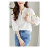 Women's White Embroidered Eyelet Blouse Stand Collar 3/4 Sleeve Casual Loose Shirt