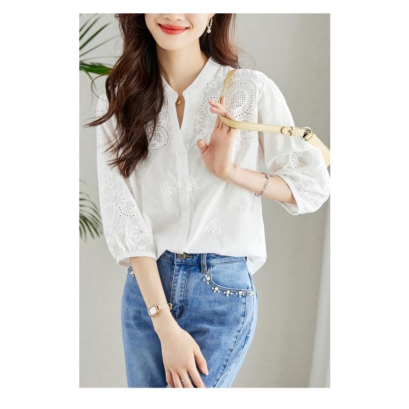 Women's White Embroidered Eyelet Blouse Stand Collar 3/4 Sleeve Casual Loose Shirt
