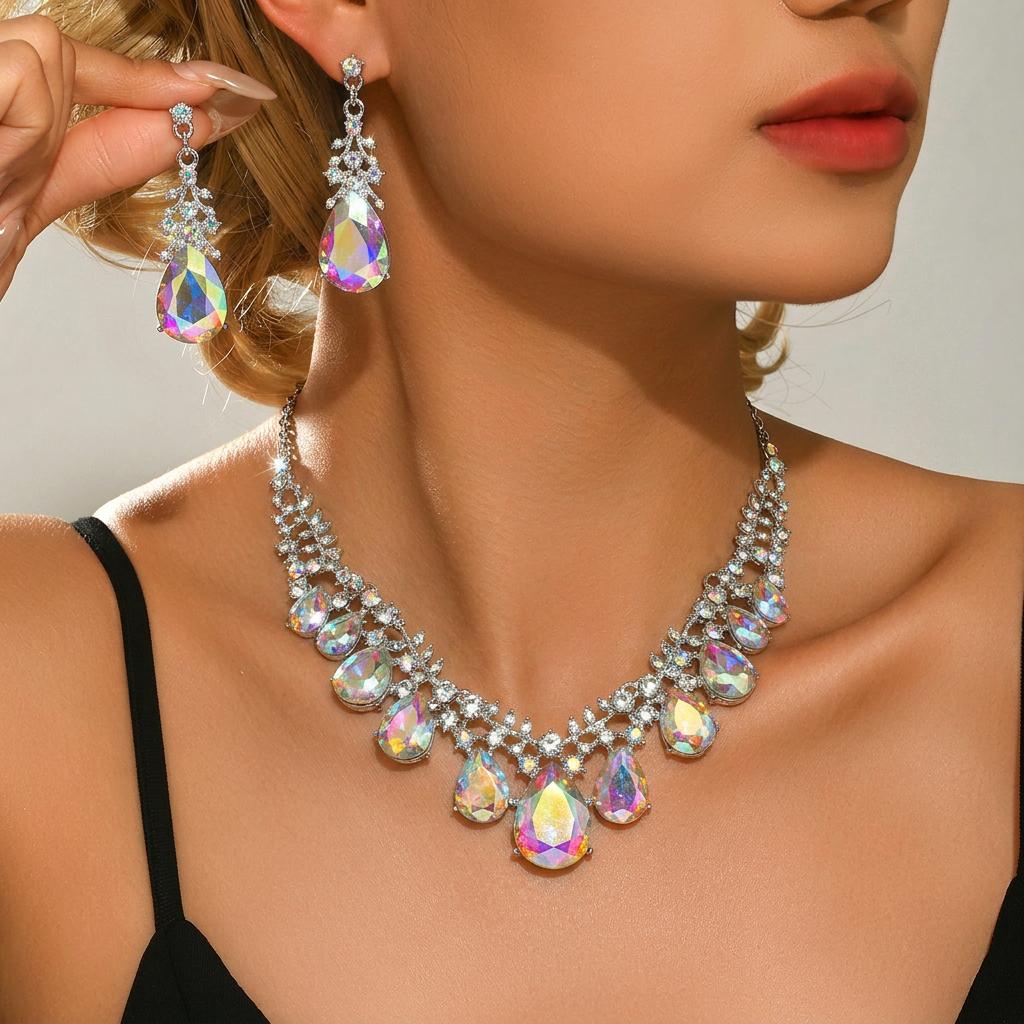 Banquet Ball Champagne Gold Water Drop Jewelry Set Court Style Party Necklace Earrings Dress Match Artifacts