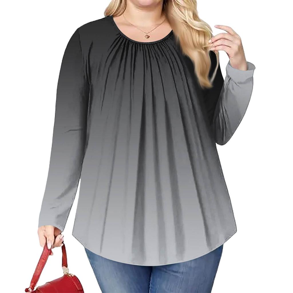 Women's Plus Size Fashion Printed Casual Pleated Round Neck Long Sleeve Top