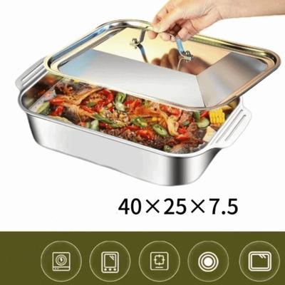 Deepen Grilled Fish Platter with Lid Non Stick Stainless Steel Tray Food Grade Insulated Food Serving Pan Household